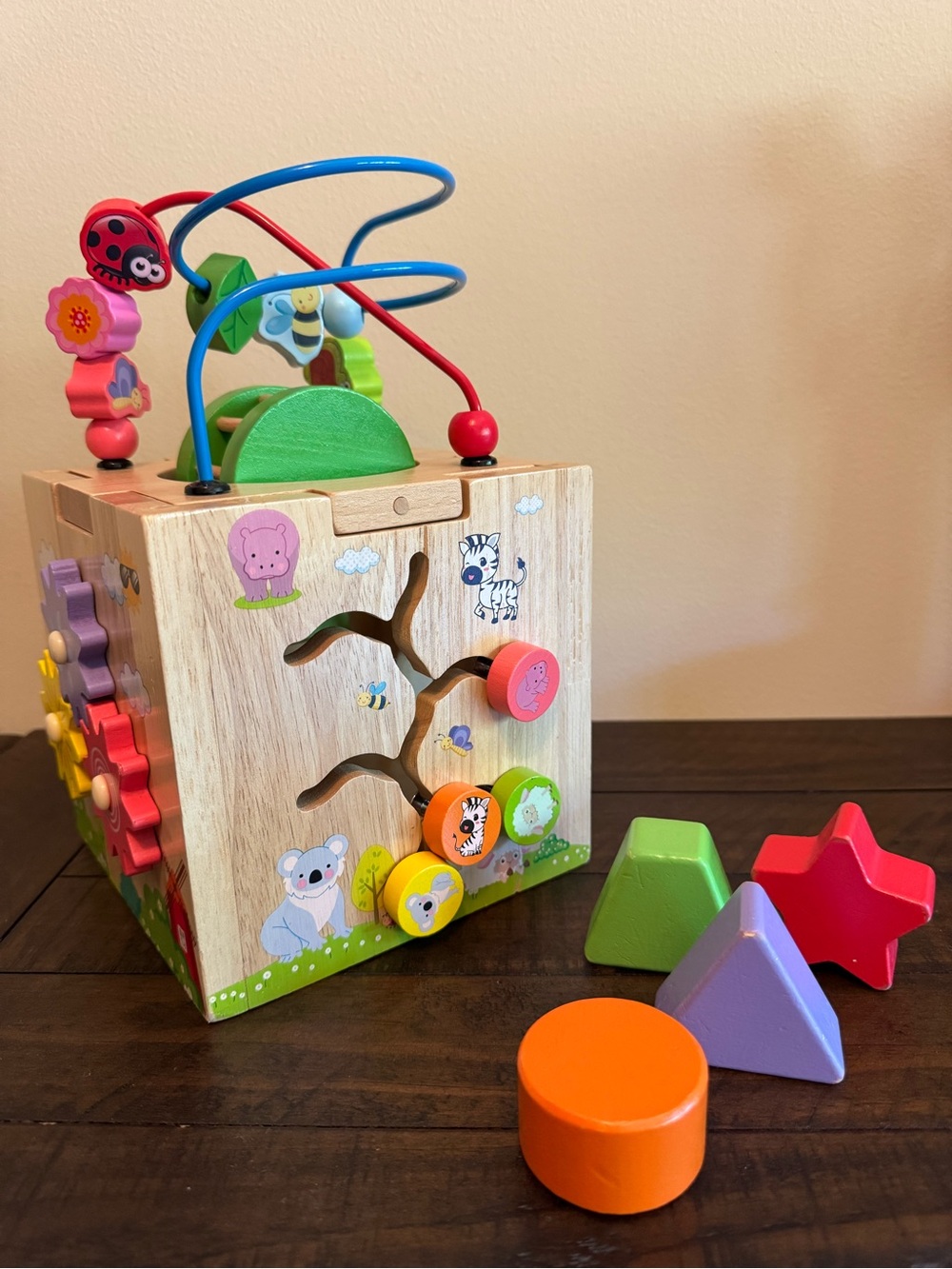 Montessori Wooden Activity Cube Toy (6 inch cube)- Colorful Shapes and Bead Maze